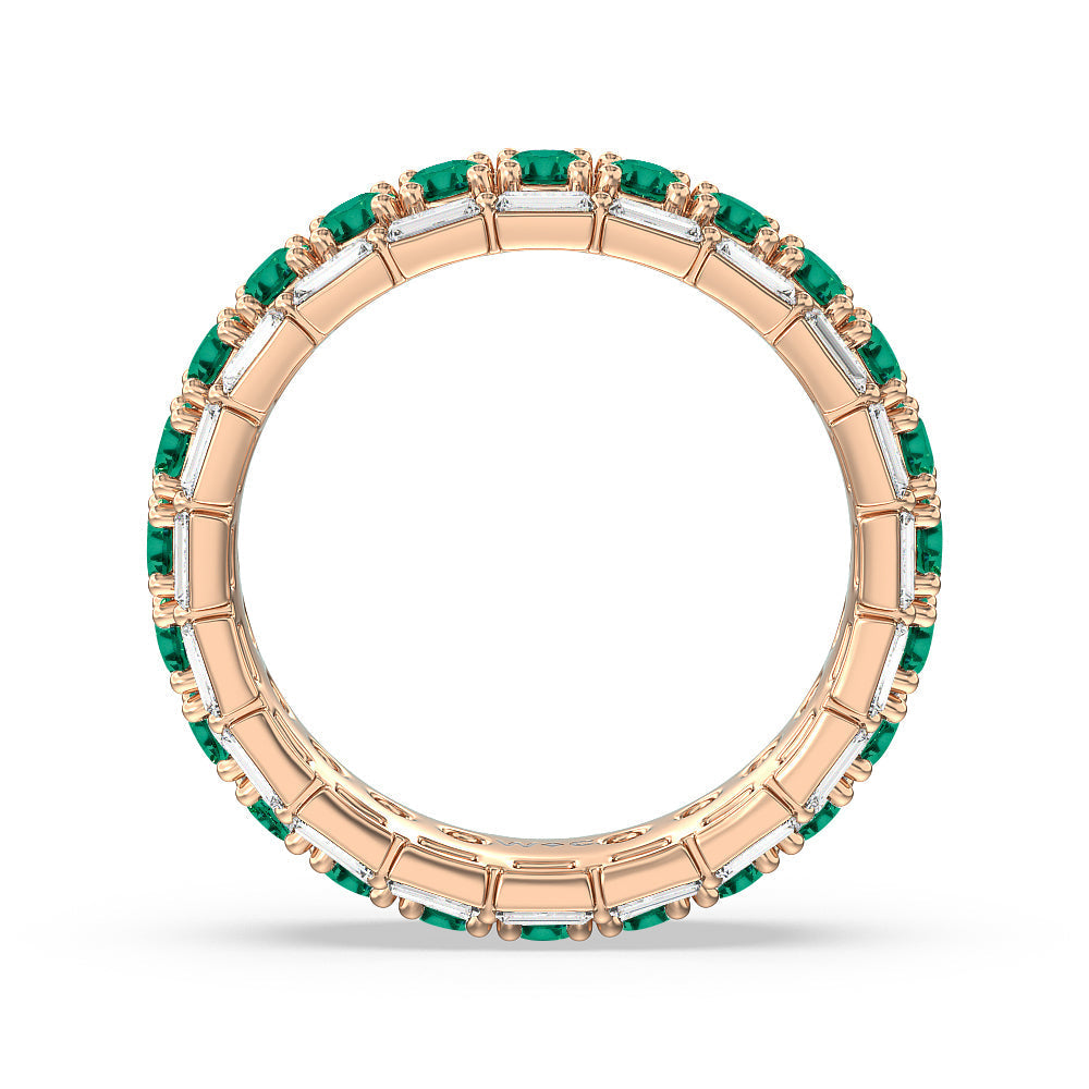 Baguette Edge and Created Emerald Round Stones Eternity Ring with 14KT Rose Gold Cut Diamond in 14KT Rose Gold view 3
