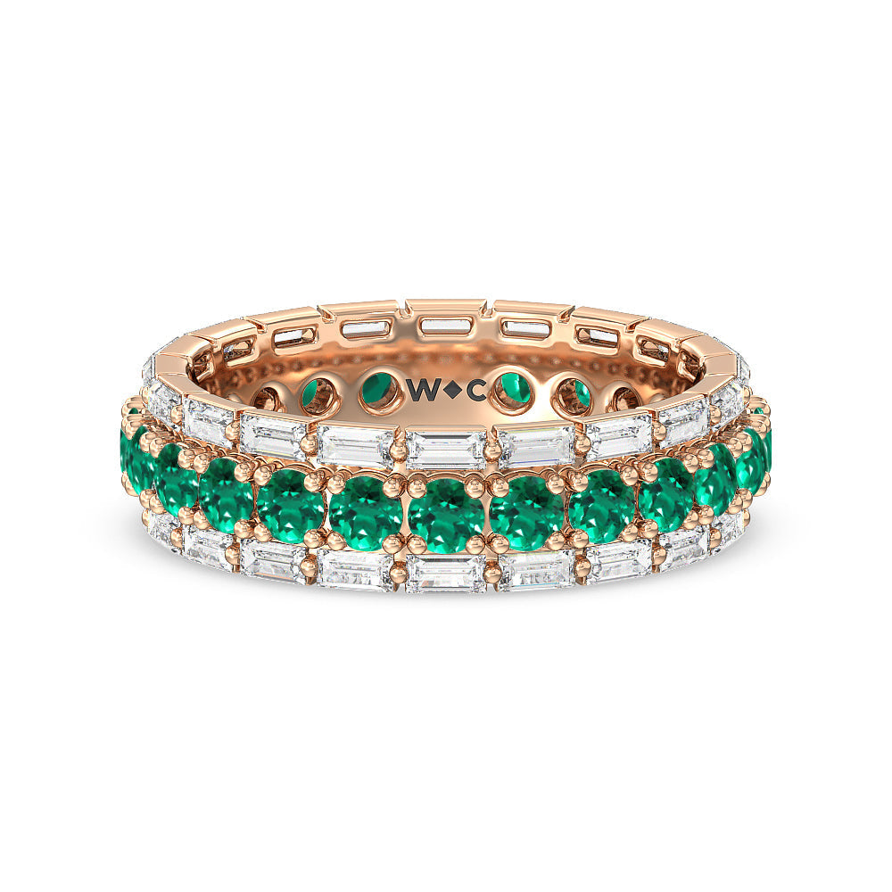 Baguette Edge and Created Emerald Round Stones Eternity Ring with 14KT Rose Gold Cut Diamond in 14KT Rose Gold view 1
