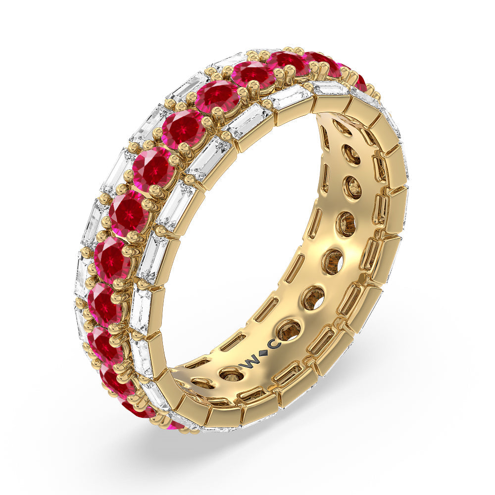Baguette Edge and Created Ruby Round Stones Eternity Ring with 14KT Yellow Gold Cut Diamond in 14KT Yellow Gold view 2
