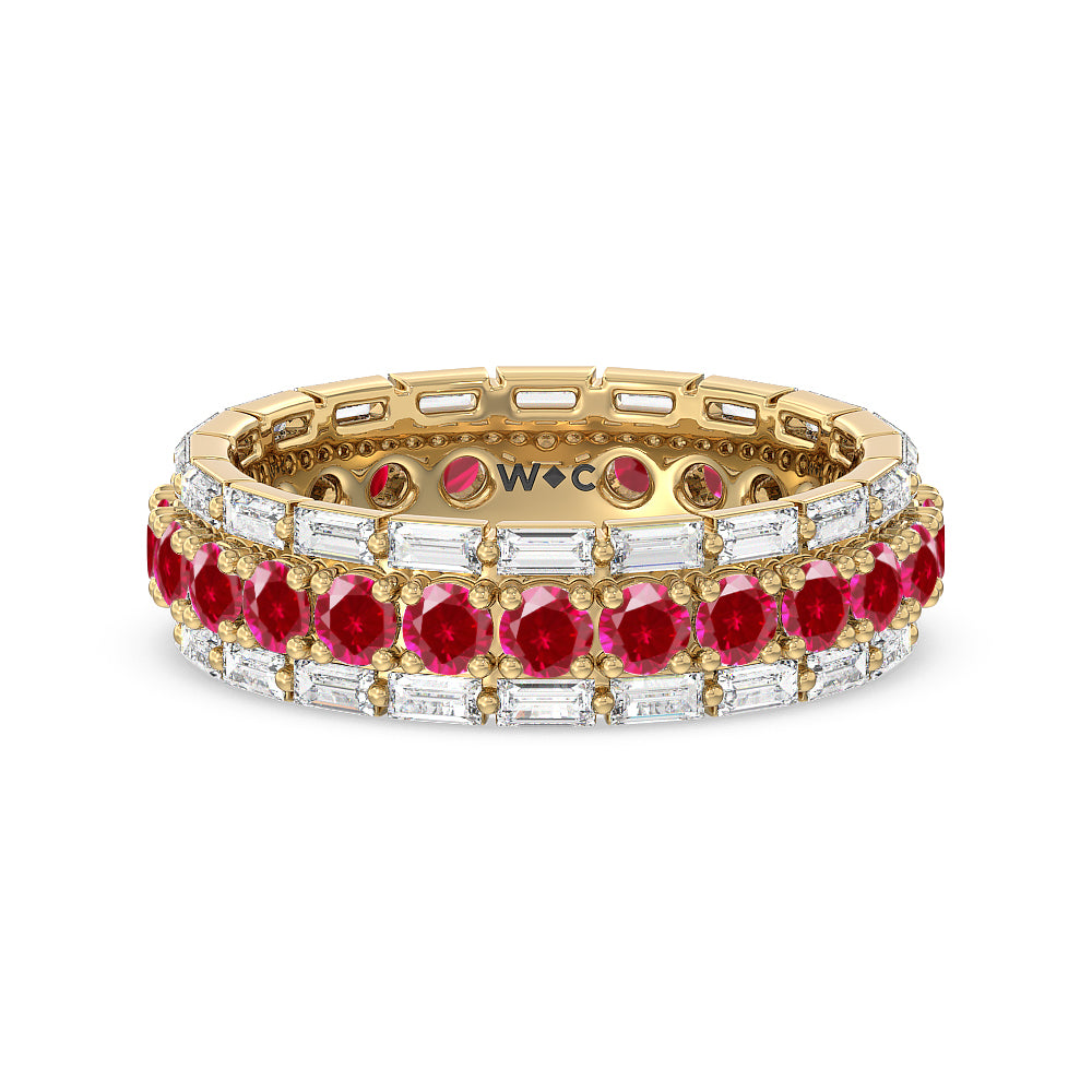 Baguette Edge and Created Ruby Round Stones Eternity Ring with 14KT Yellow Gold Cut Diamond in 14KT Yellow Gold view 1
