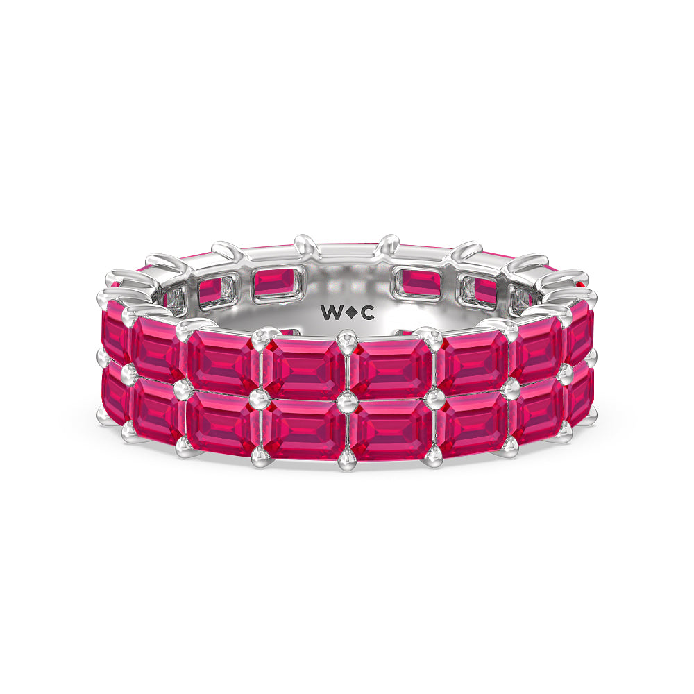 Two Row East West Created Ruby Emerald  Eternity Ring with 14KT White Gold Cut Diamond in 14KT White Gold view 1
