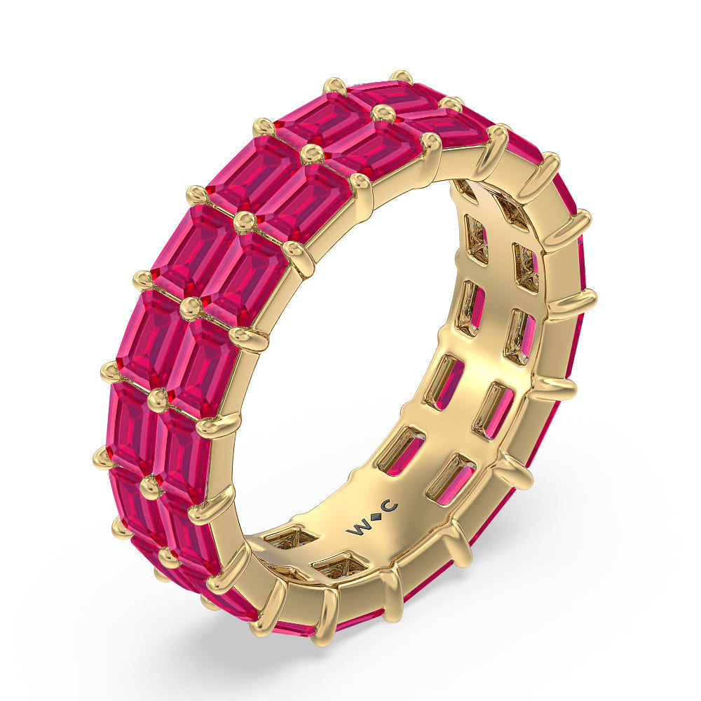 Two Row East West Created Ruby Emerald  Eternity Ring with 14KT Yellow Gold Cut Diamond in 14KT Yellow Gold view 3
