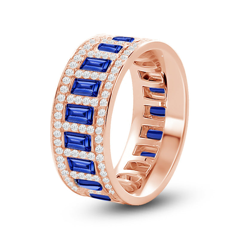 Geometric Halo Vertical Created Sapphire Baguette and Diamond Eternity Ring with 14KT Rose Gold Cut Diamond in 14KT Rose Gold view 2
