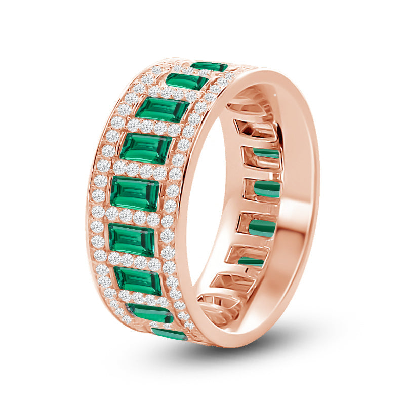 Geometric Halo Vertical Created Emerald Baguette and Diamond Eternity Ring with 14KT Rose Gold Cut Diamond in 14KT Rose Gold view 2
