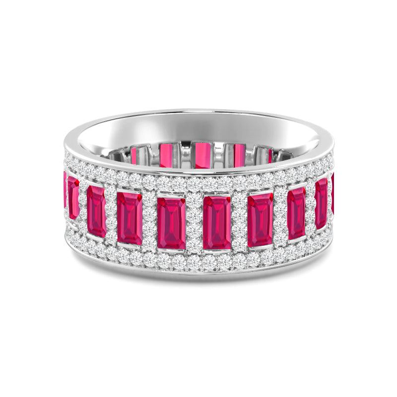 Geometric Halo Vertical Created Ruby Baguette and Diamond Eternity Ring with 14KT White Gold Cut Diamond in 14KT White Gold view 1
