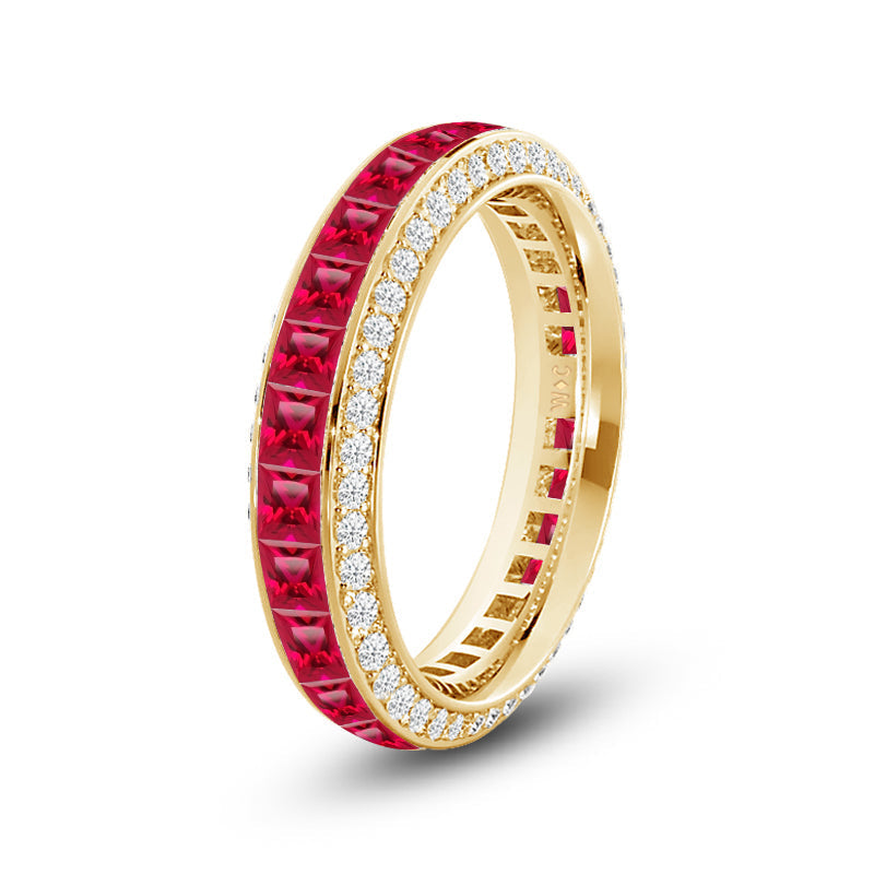Pave Sides and Created Ruby Princess Eternity Ring with 14KT Yellow Gold Cut Diamond in 14KT Yellow Gold view 2
