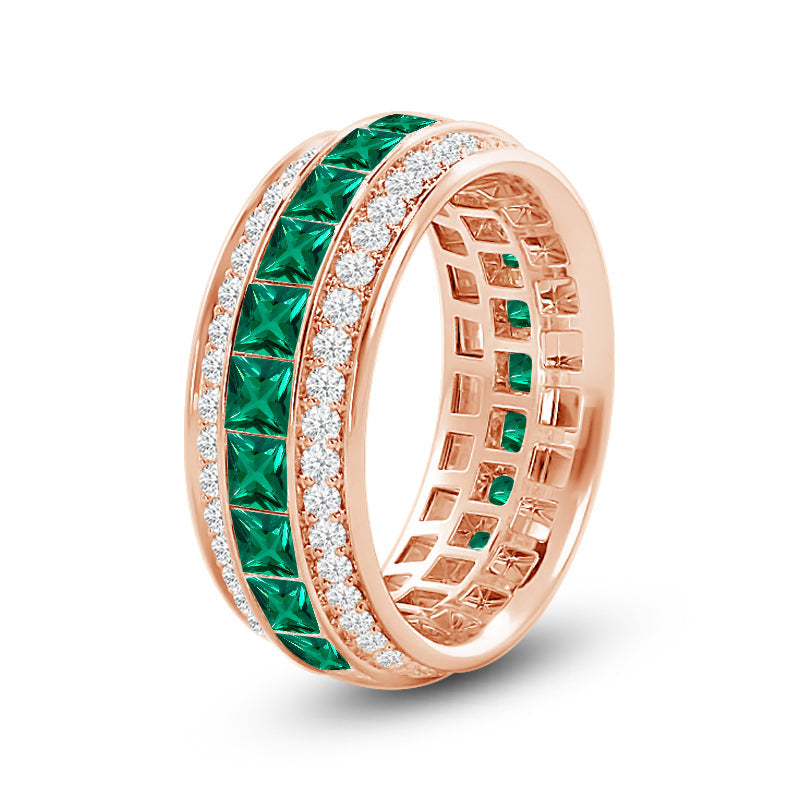 Triple Row Created Emerald Princess and Round Diamond Eternity Ring with 14KT Rose Gold Cut Diamond in 14KT Rose Gold view 2
