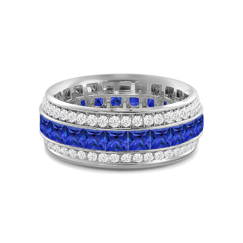 Triple Row Created Sapphire Princess and Round Diamond Eternity Ring with 14KT White Gold Cut Diamond in 14KT White Gold view 1
