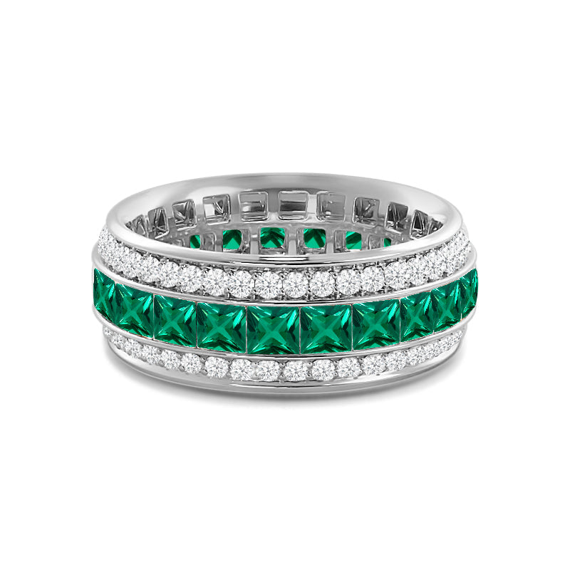Triple Row Created Emerald Princess and Round Diamond Eternity Ring with 14KT White Gold Cut Diamond in 14KT White Gold view 1

