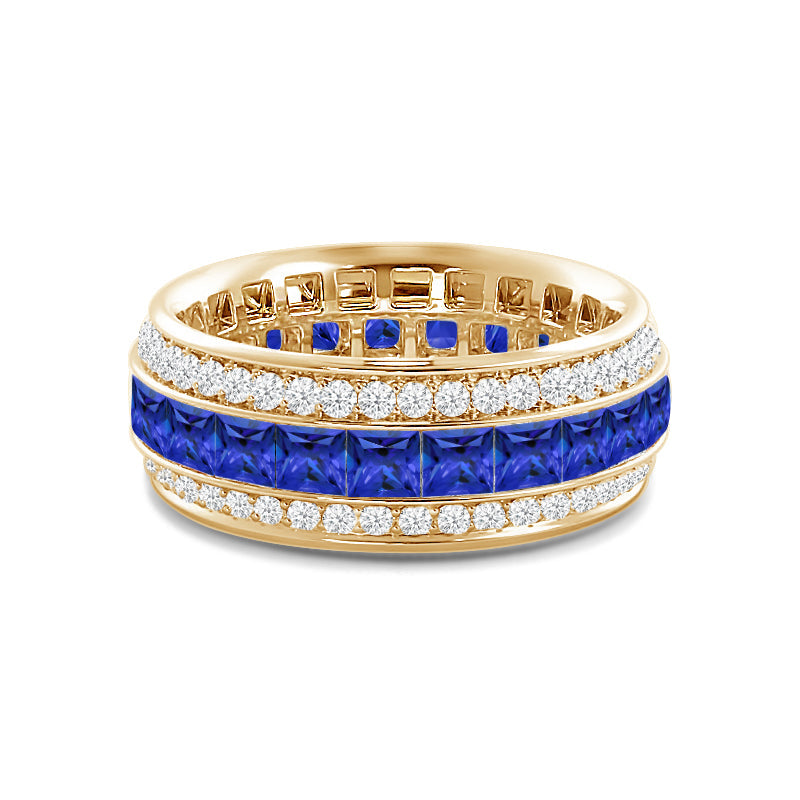 Triple Row Created Sapphire Princess and Round Diamond Eternity Ring with 14KT Yellow Gold Cut Diamond in 14KT Yellow Gold view 1

