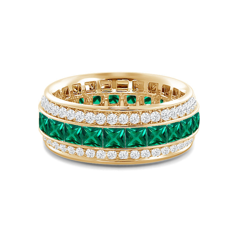Triple Row Created Emerald Princess and Round Diamond Eternity Ring with 14KT Yellow Gold Cut Diamond in 14KT Yellow Gold view 1

