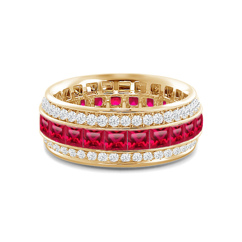 Triple Row Created Ruby Princess and Round Diamond Eternity Ring with 14KT Yellow Gold Cut Diamond in 14KT Yellow Gold view 1

