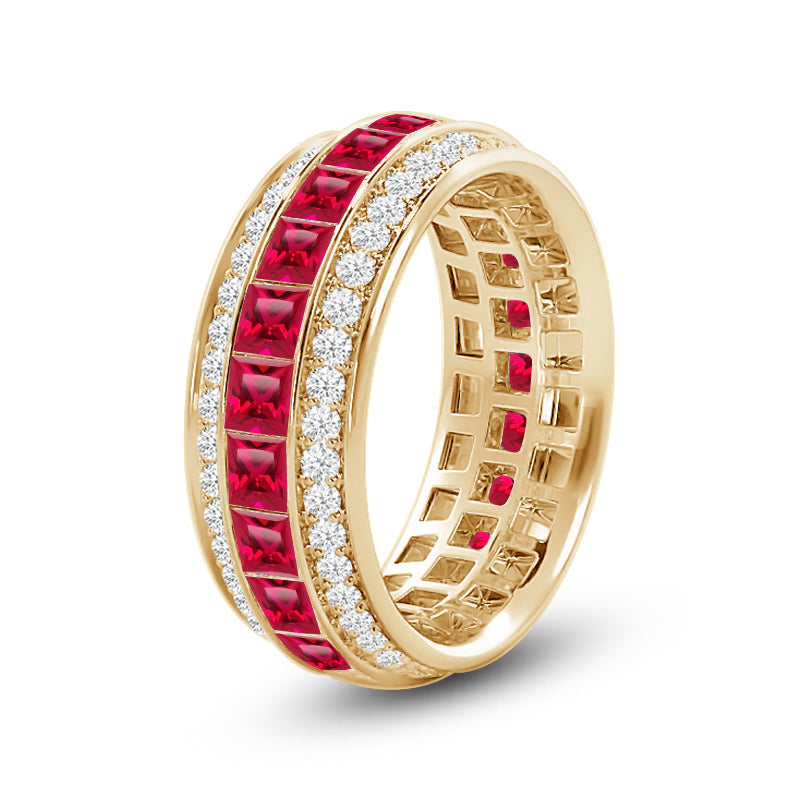 Triple Row Created Ruby Princess and Round Diamond Eternity Ring with 14KT Yellow Gold Cut Diamond in 14KT Yellow Gold view 2
