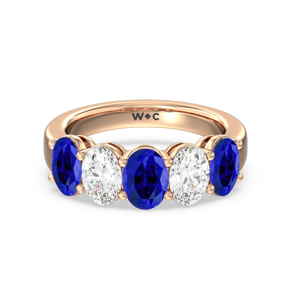 Five Stone Created Sapphire and Oval Diamond Anniversary Ring with 14KT Rose Gold Cut Diamond in 14KT Rose Gold view 1

