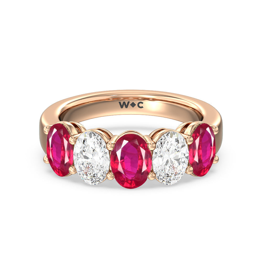 Five Stone Created Ruby and Oval Diamond Anniversary Ring with 14KT Rose Gold Cut Diamond in 14KT Rose Gold view 1
