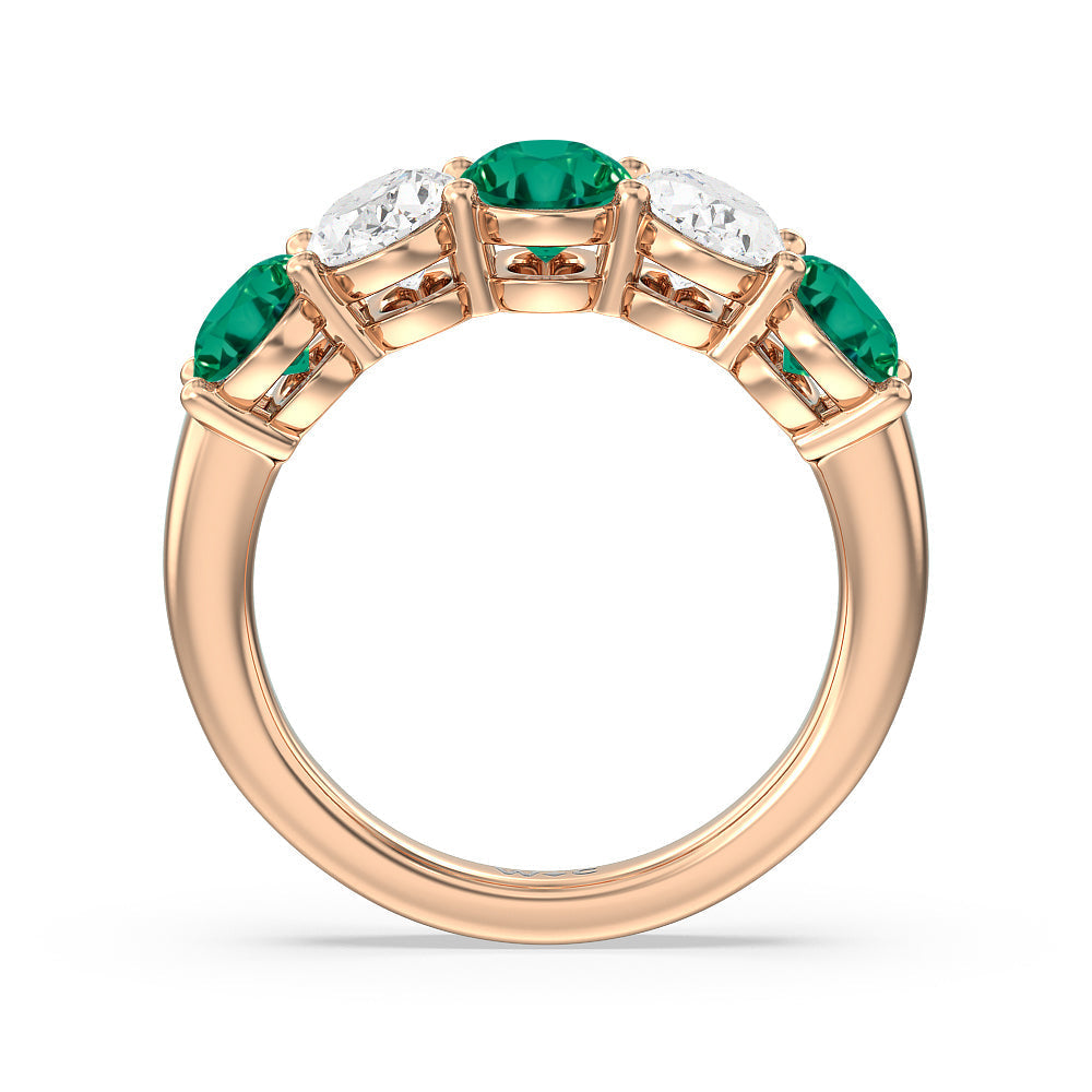 Five Stone Created Emerald and Oval Diamond Anniversary Ring with 14KT Rose Gold Cut Diamond in 14KT Rose Gold view 3
