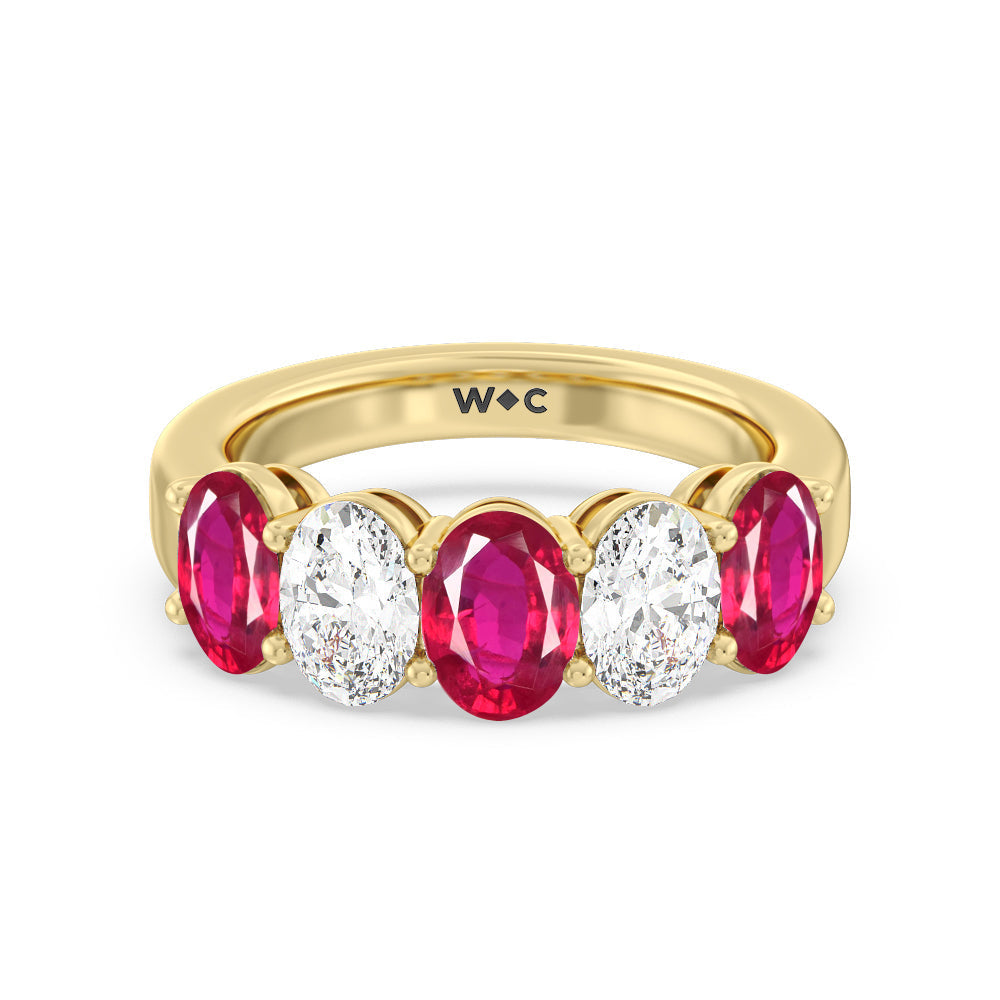 Five Stone Created Ruby and Oval Diamond Anniversary Ring with 14KT Yellow Gold Cut Diamond in 14KT Yellow Gold view 1
