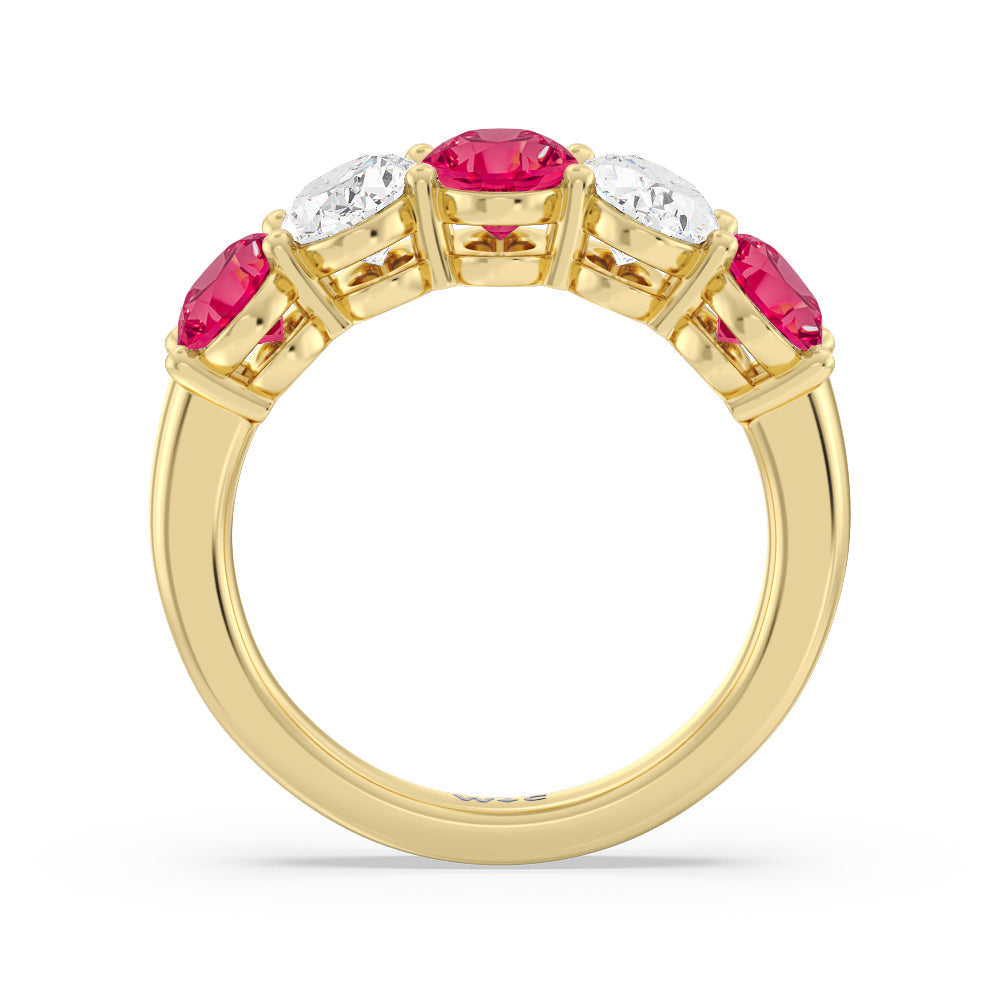 Five Stone Created Ruby and Oval Diamond Anniversary Ring with 14KT Yellow Gold Cut Diamond in 14KT Yellow Gold view 3
