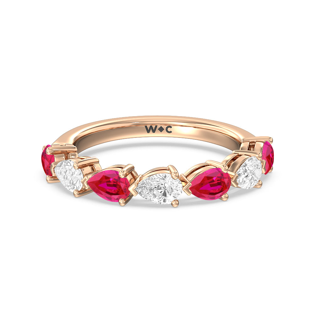 Trailing Created Ruby Pear and Diamond Anniversary Ring with 14KT Rose Gold Cut Diamond in 14KT Rose Gold view 1
