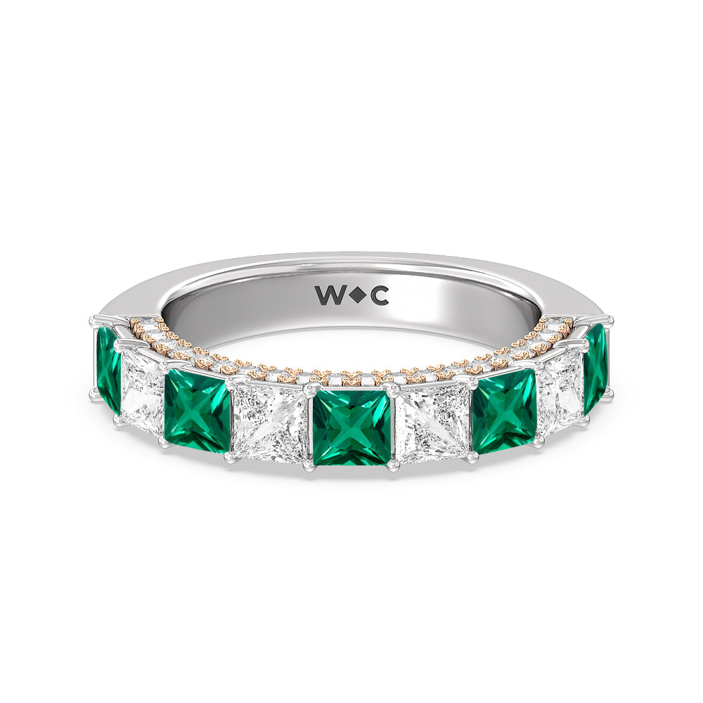 Alternate Created Emerald Princess Shape and Diamond Palace Anniversary Ring with 14KT Rose Gold Cut Diamond in 14KT Rose Gold view 1
