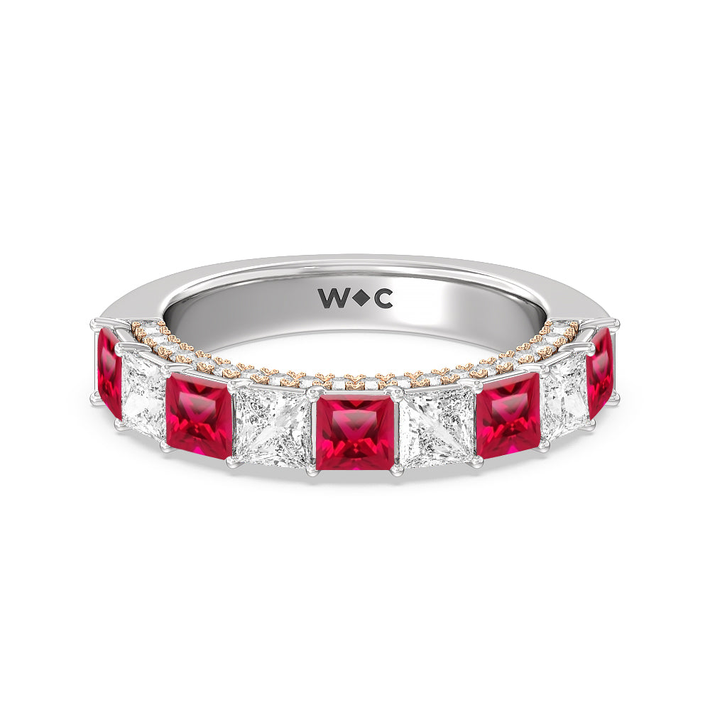 Alternate Created Ruby Princess and Diamond Palace Anniversary Ring with 14KT Rose Gold Cut Diamond in 14KT Rose Gold view 1
