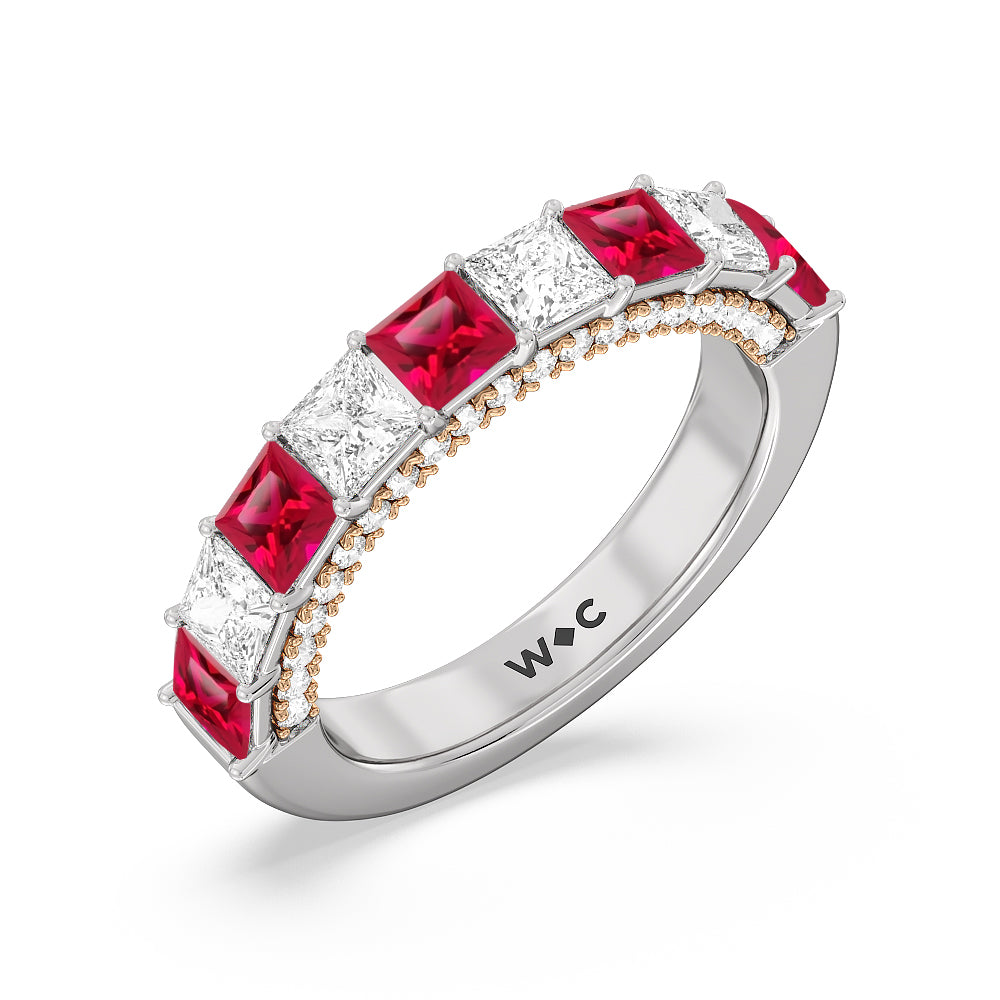 Alternate Created Ruby Princess and Diamond Palace Anniversary Ring with 14KT Rose Gold Cut Diamond in 14KT Rose Gold view 2
