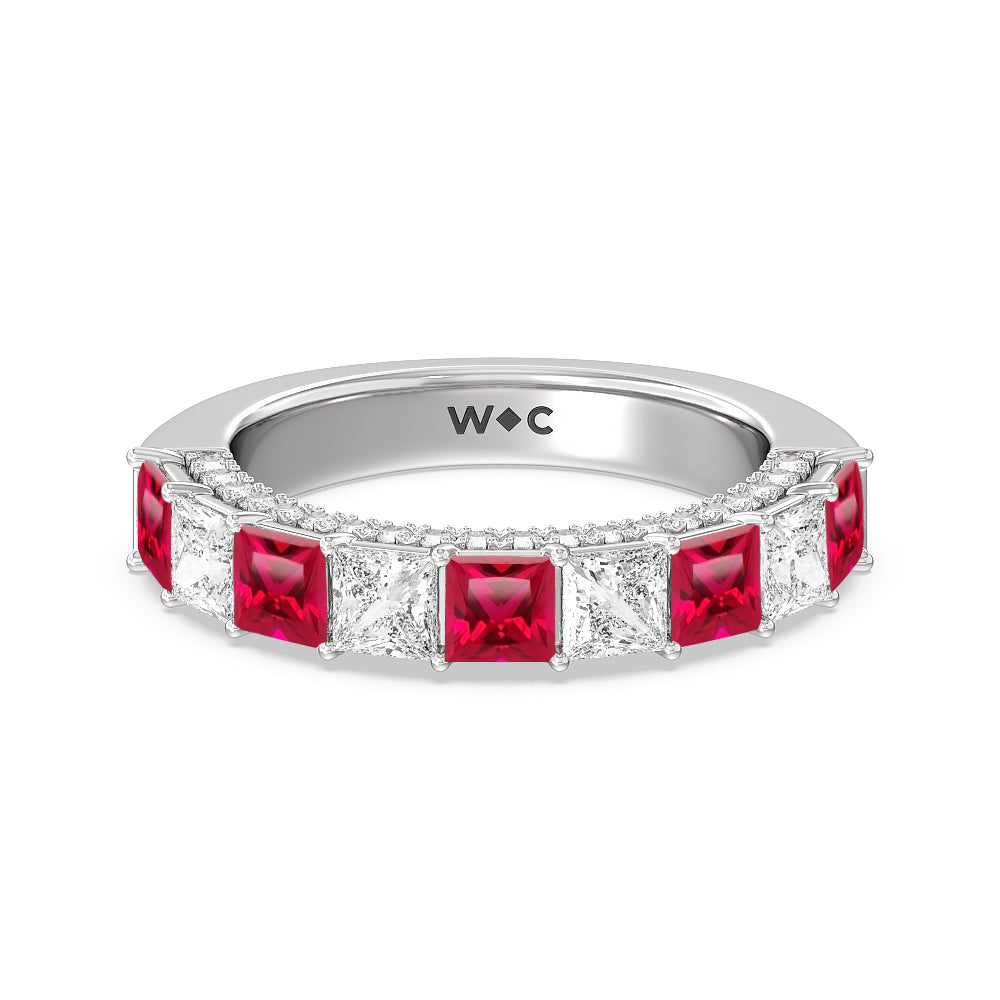 Alternate Created Ruby Princess and Diamond Palace Anniversary Ring with 14KT White Gold Cut Diamond in 14KT White Gold view 1
