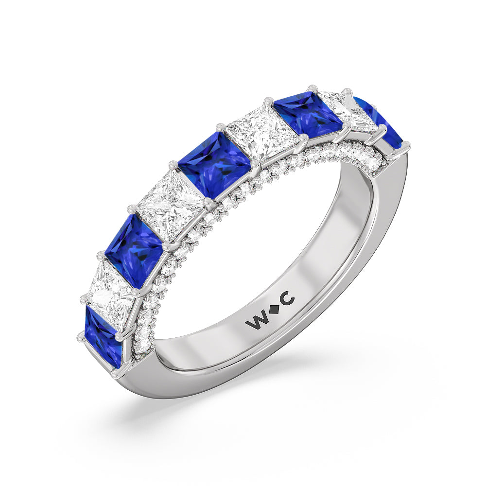 Alternate Created Sapphire Princess and Diamond Palace Anniversary Ring with 14KT White Gold Cut Diamond in 14KT White Gold view 2
