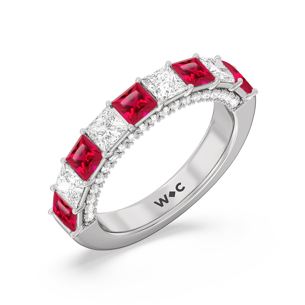 Alternate Created Ruby Princess and Diamond Palace Anniversary Ring with 14KT White Gold Cut Diamond in 14KT White Gold view 2
