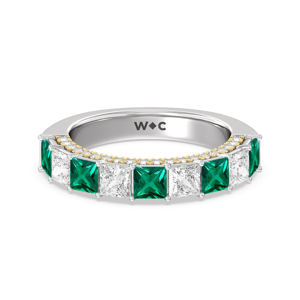 Alternate Created Emerald Princess Shape and Diamond Palace Anniversary Ring with 14KT Yellow Gold Cut Diamond in 14KT Yellow Gold view 1
