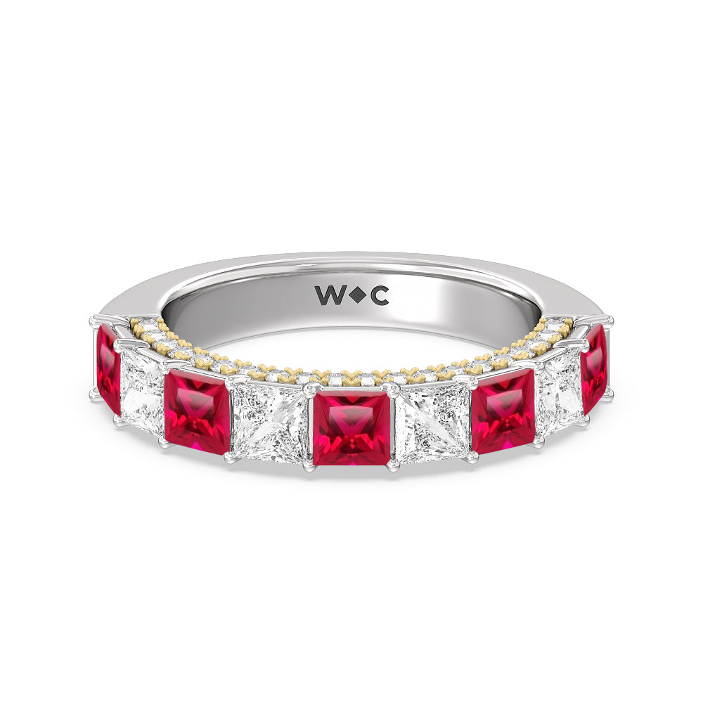 Alternate Created Ruby Princess and Diamond Palace Anniversary Ring with 14KT Yellow Gold Cut Diamond in 14KT Yellow Gold view 1
