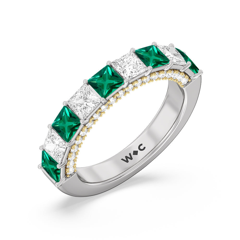 Alternate Created Emerald Princess Shape and Diamond Palace Anniversary Ring with 14KT Yellow Gold Cut Diamond in 14KT Yellow Gold view 2
