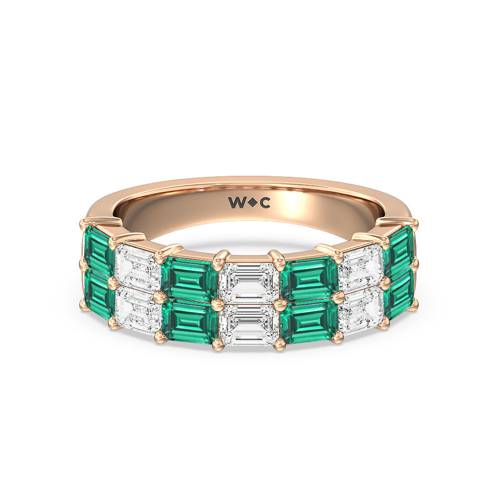 Two Row Created Emerald and Emerald Shape Diamond East-West Anniversary Ring with 14KT Rose Gold Cut Diamond in 14KT Rose Gold view 1
