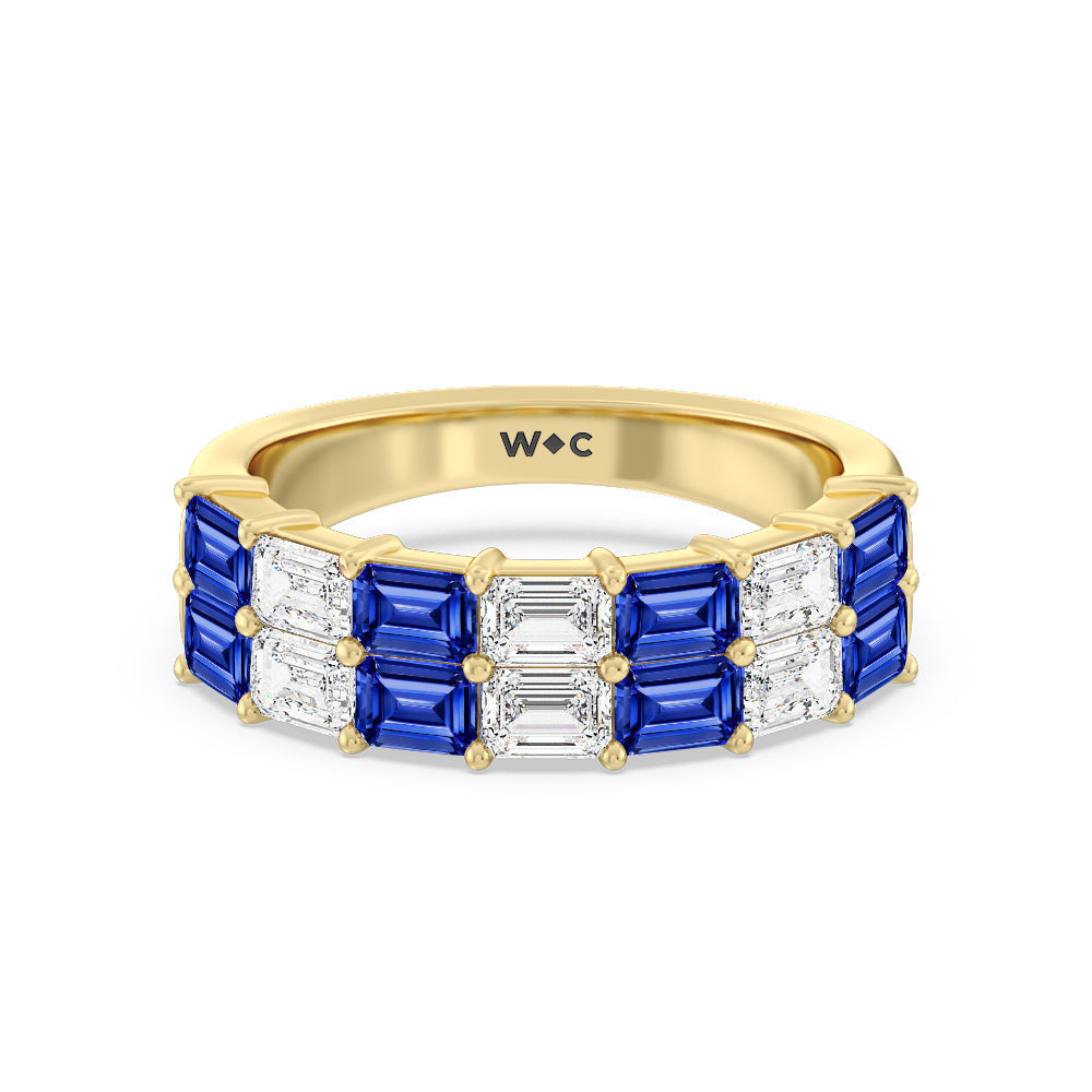 Two Row Created Sapphire and Emerald Diamond East-West Anniversary Ring with 14KT Yellow Gold Cut Diamond in 14KT Yellow Gold view 1
