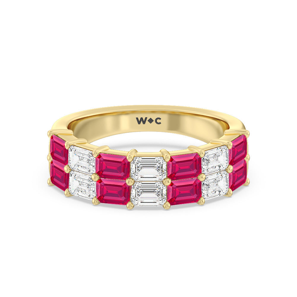 Two Row Created Ruby and Emerald Diamond East-West Anniversary Ring with 14KT Yellow Gold Cut Diamond in 14KT Yellow Gold view 1
