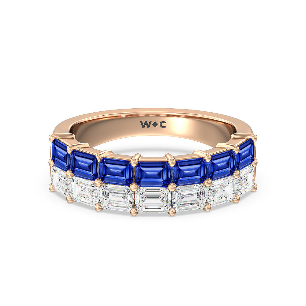 Two Row Linear Created Sapphire Emerald Diamond East-West Anniversary Ring with 14KT Rose Gold Cut Diamond in 14KT Rose Gold view 1
