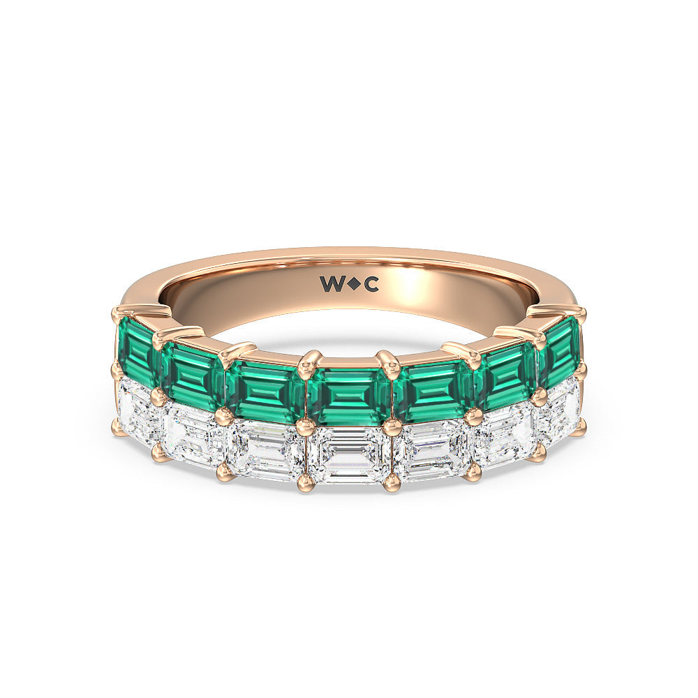 Two Row Linear Created Emerald and Emerald Shape Diamond East-West Anniversary Ring with 14KT Rose Gold Cut Diamond in 14KT Rose Gold view 1
