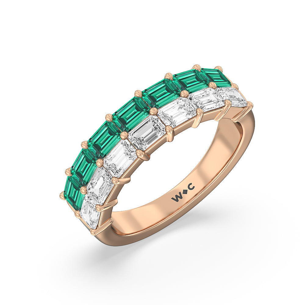 Two Row Linear Created Emerald and Emerald Shape Diamond East-West Anniversary Ring with 14KT Rose Gold Cut Diamond in 14KT Rose Gold view 2
