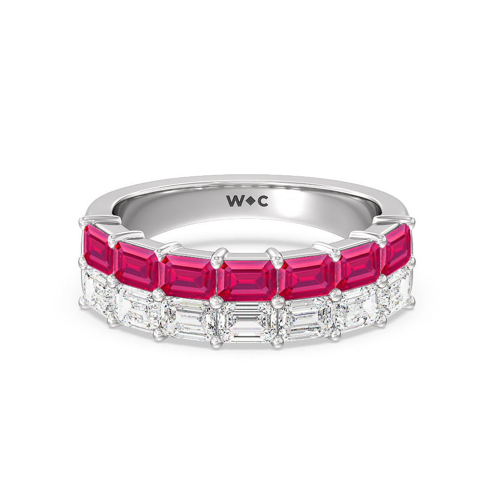 Two Row Linear Created Ruby Emerald Diamond East-West Anniversary Ring with 14KT White Gold Cut Diamond in 14KT White Gold view 1
