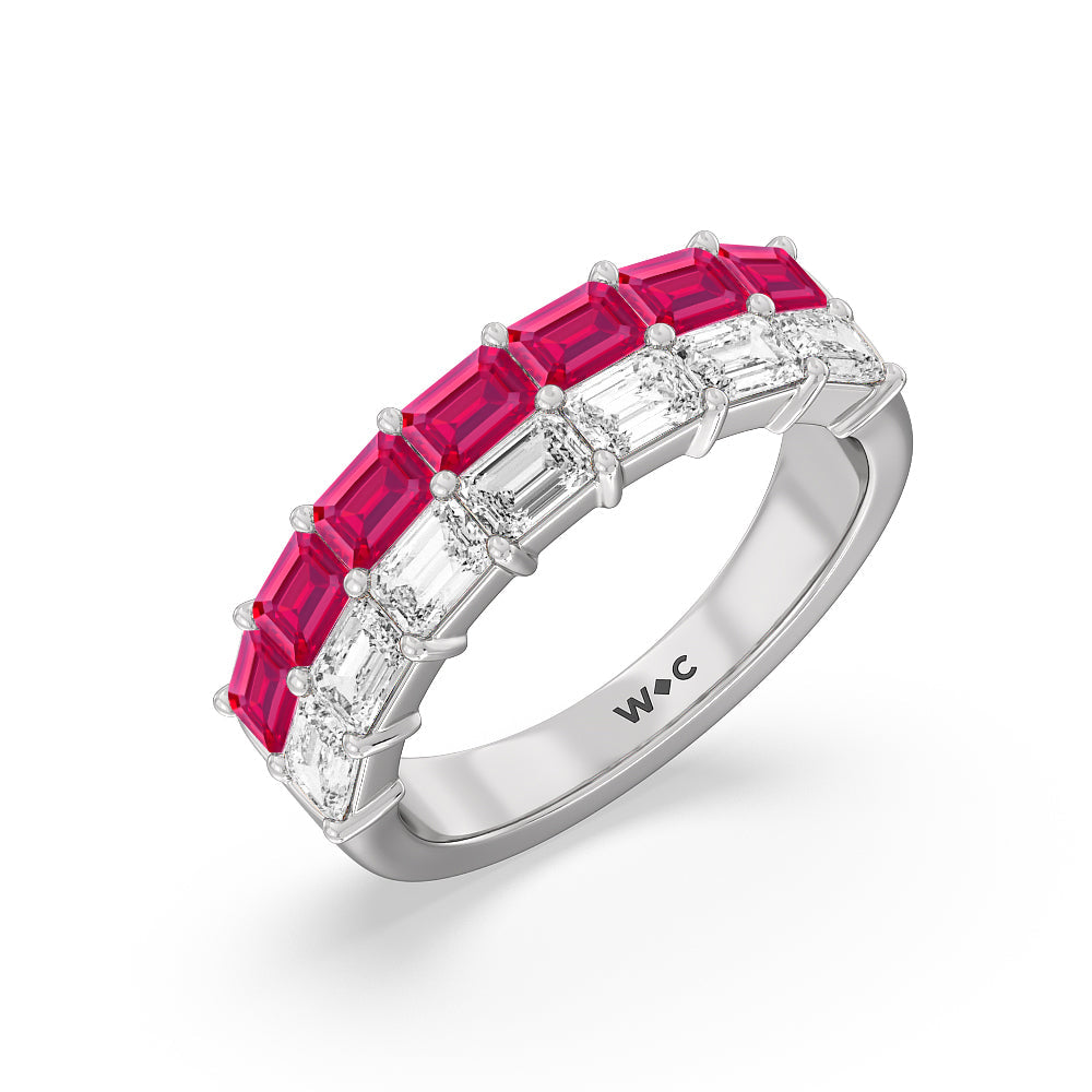 Two Row Linear Created Ruby Emerald Diamond East-West Anniversary Ring with 14KT White Gold Cut Diamond in 14KT White Gold view 2
