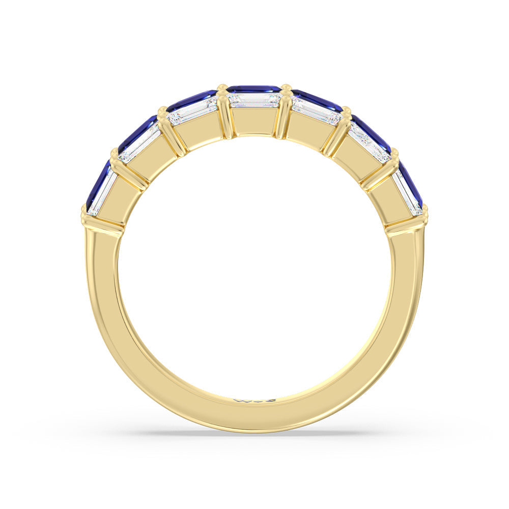 Two Row Linear Created Sapphire Emerald Diamond East-West Anniversary Ring with 14KT Yellow Gold Cut Diamond in 14KT Yellow Gold view 3
