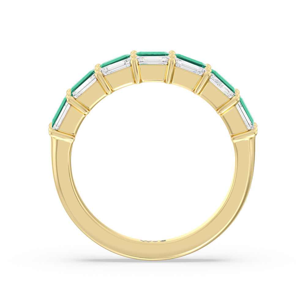Two Row Linear Created Emerald and Emerald Shape Diamond East-West Anniversary Ring with 14KT Yellow Gold Cut Diamond in 14KT Yellow Gold view 3
