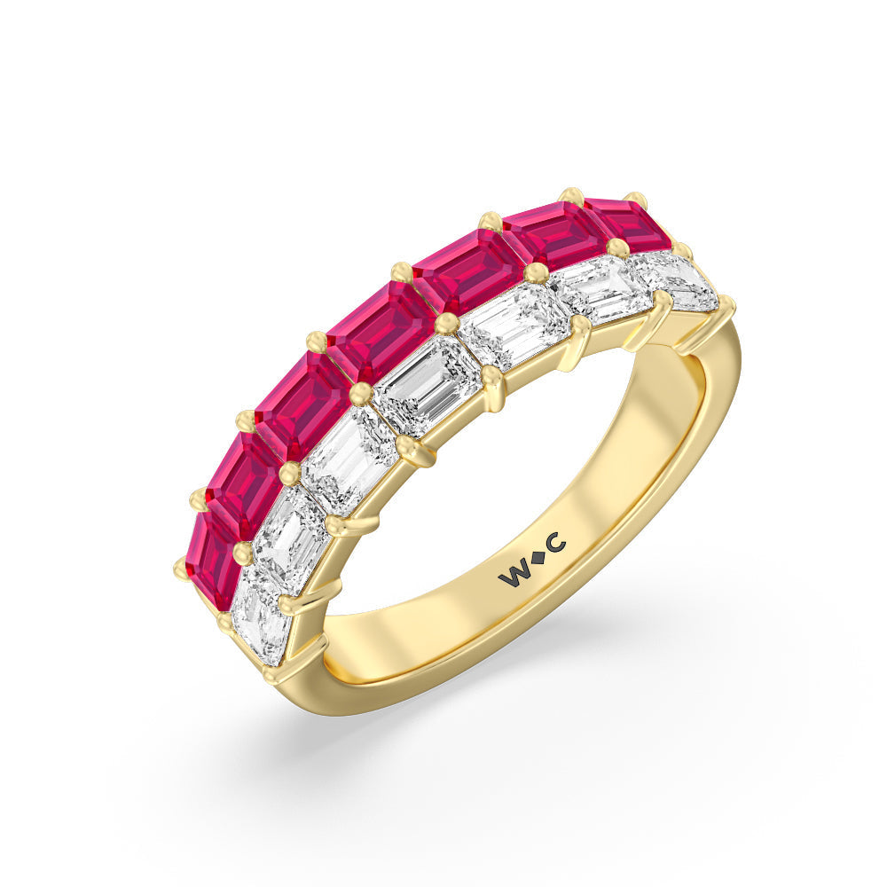 Two Row Linear Created Ruby Emerald Diamond East-West Anniversary Ring with 14KT Yellow Gold Cut Diamond in 14KT Yellow Gold view 2
