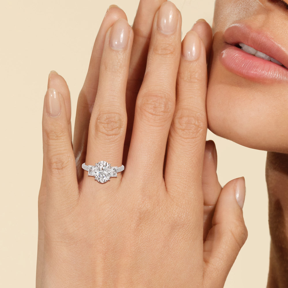 The Elise Three Stone Engagement Ring with Oval Cut Diamond in 14KT Rose Gold view 6
