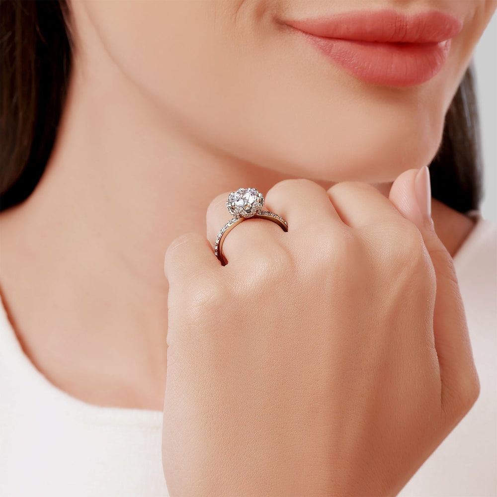 Model Wearing Enchanted Star Lab Grown Diamond 14K Gold Tiana Water Lily Engagement Ring view