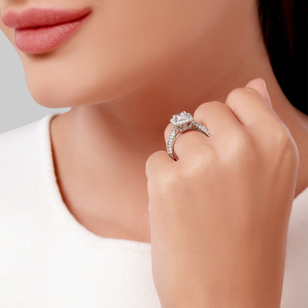 Model Wearing Enchanted Star Lab Grown Diamond 14K Gold Majestic Princess Tapered Shank Engagement Ring view