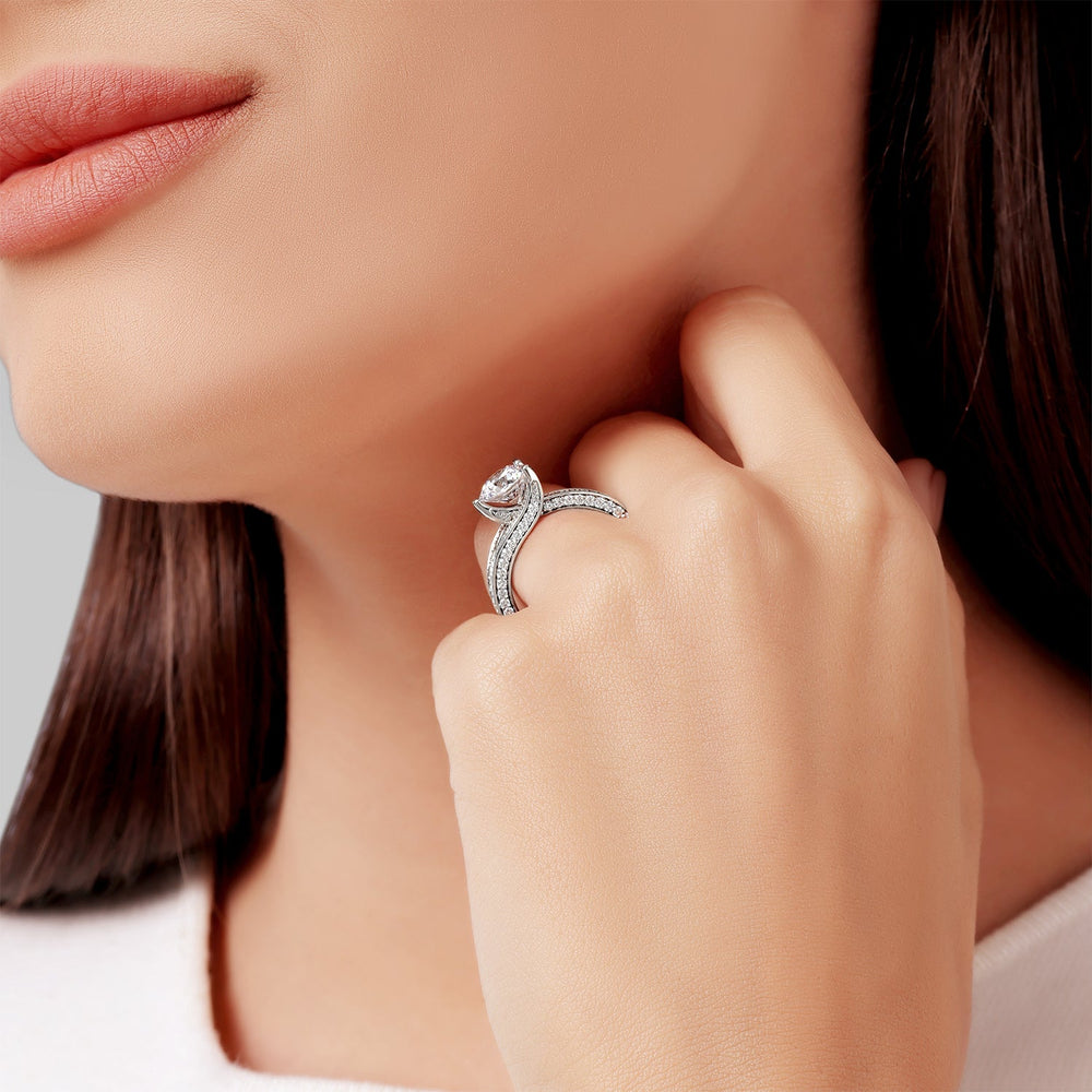 Model Wearing Enchanted Star Lab Grown Diamond 14K Gold Snow White Tapered Shank Engagement Ring view
