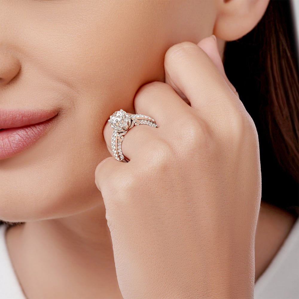 Model Wearing Enchanted Star Lab Grown Diamond 14K Gold Cinderella Double Shank Engagement Ring view