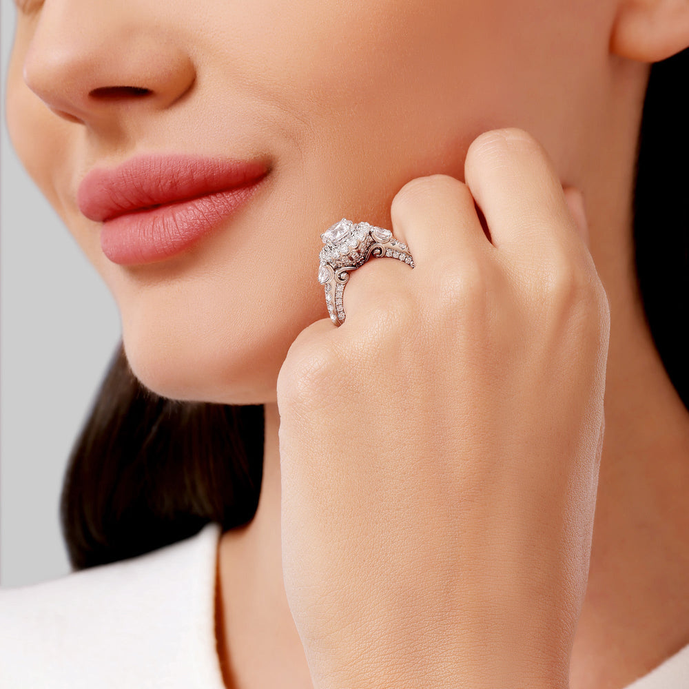 Model Wearing Enchanted Star Lab Grown Diamond 14K Gold Cinderella Side Stone Engagement Ring view