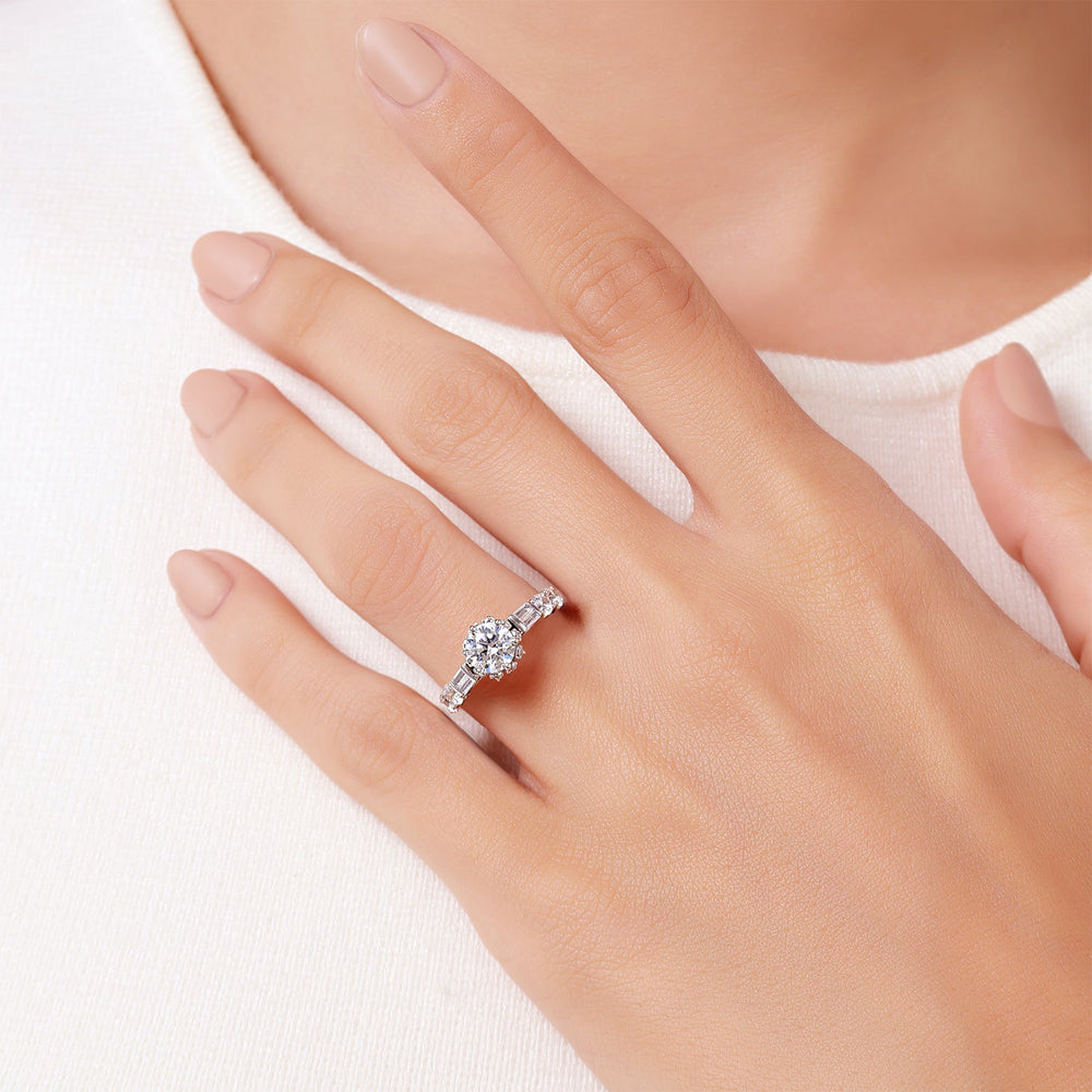 Model Wearing Enchanted Star Lab Grown Diamond 14K Gold Cinderella Engagement Ring view